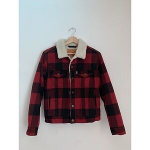 Levi's Flannel Trucker Jacket Women Sz XS Red  Plaid  Sherpa Lined Snap Buttons